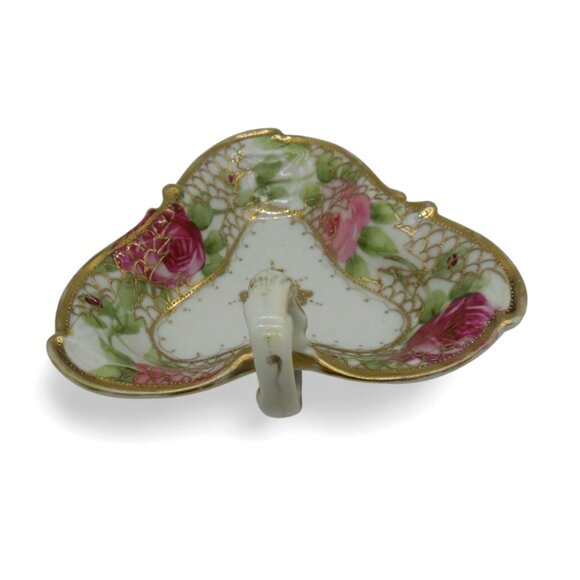 NIPPON Heart Shaped Dish Porcelain Trinket with Rose & Gold Moriage, Vintage - Picture 5 of 12